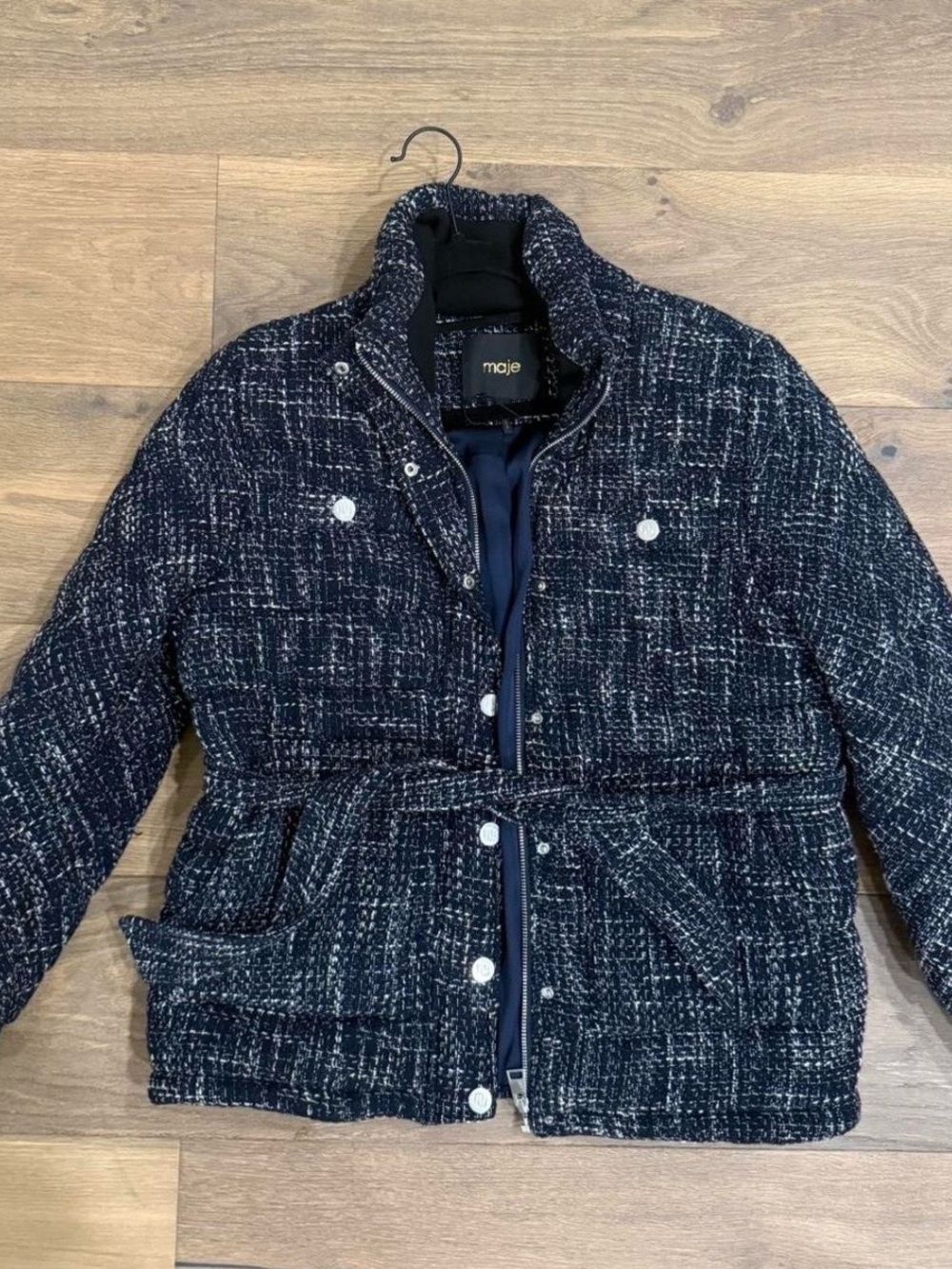 Maje Navy and White Tweed Zip-Front Jacket